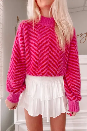 Rose Mock Neck Eyelash Chevron Sweater