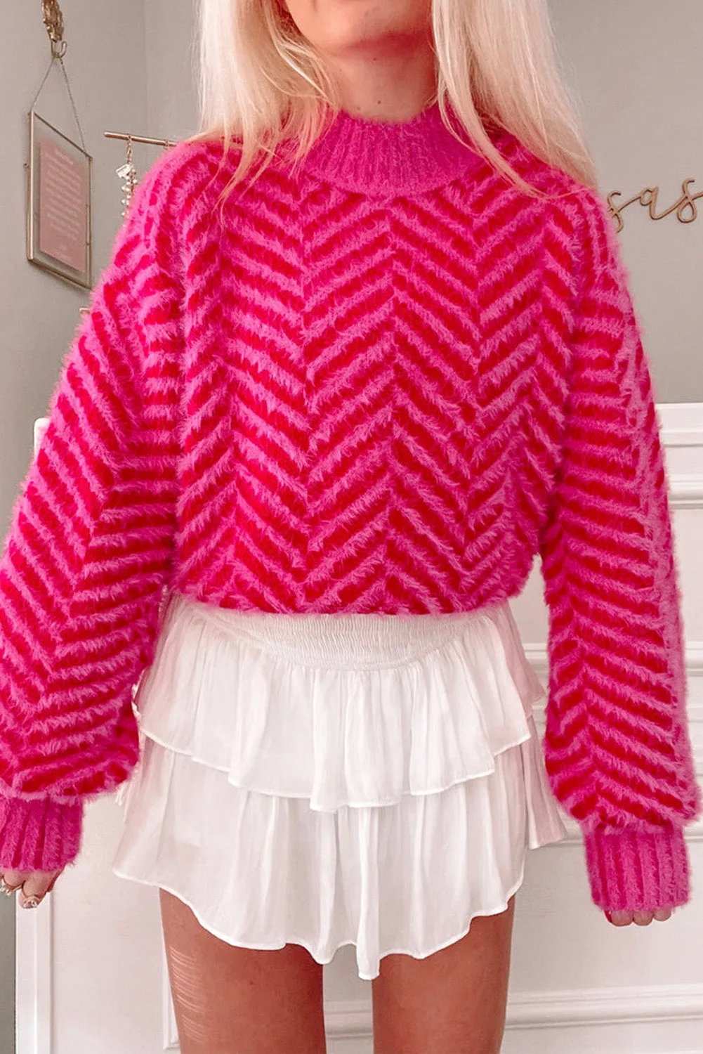 Rose Mock Neck Eyelash Chevron Sweater