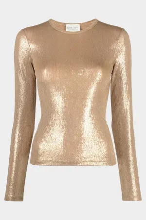Round Neck T-Shirt in Lamé Jacquard Jersey in Gold