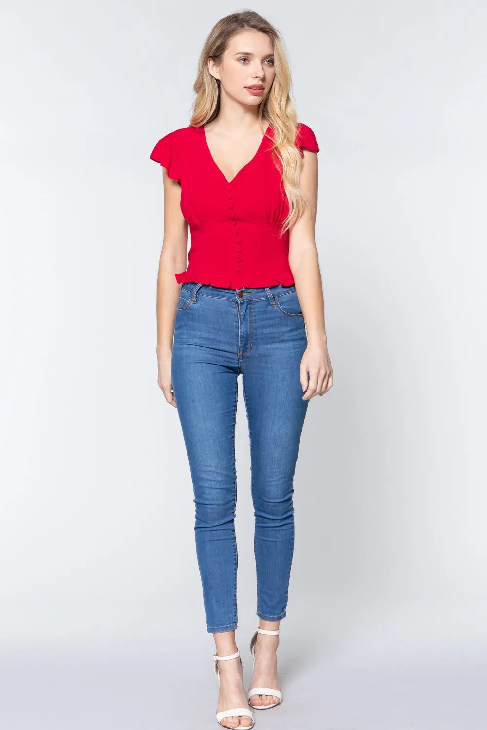 Ruffl Slv V-neck Smocking Woven Top