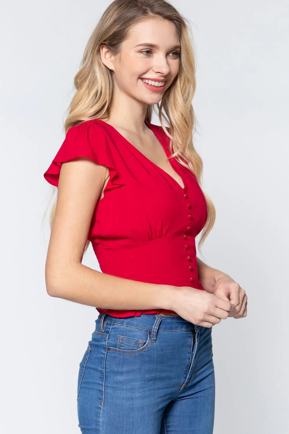 Ruffl Slv V-neck Smocking Woven Top