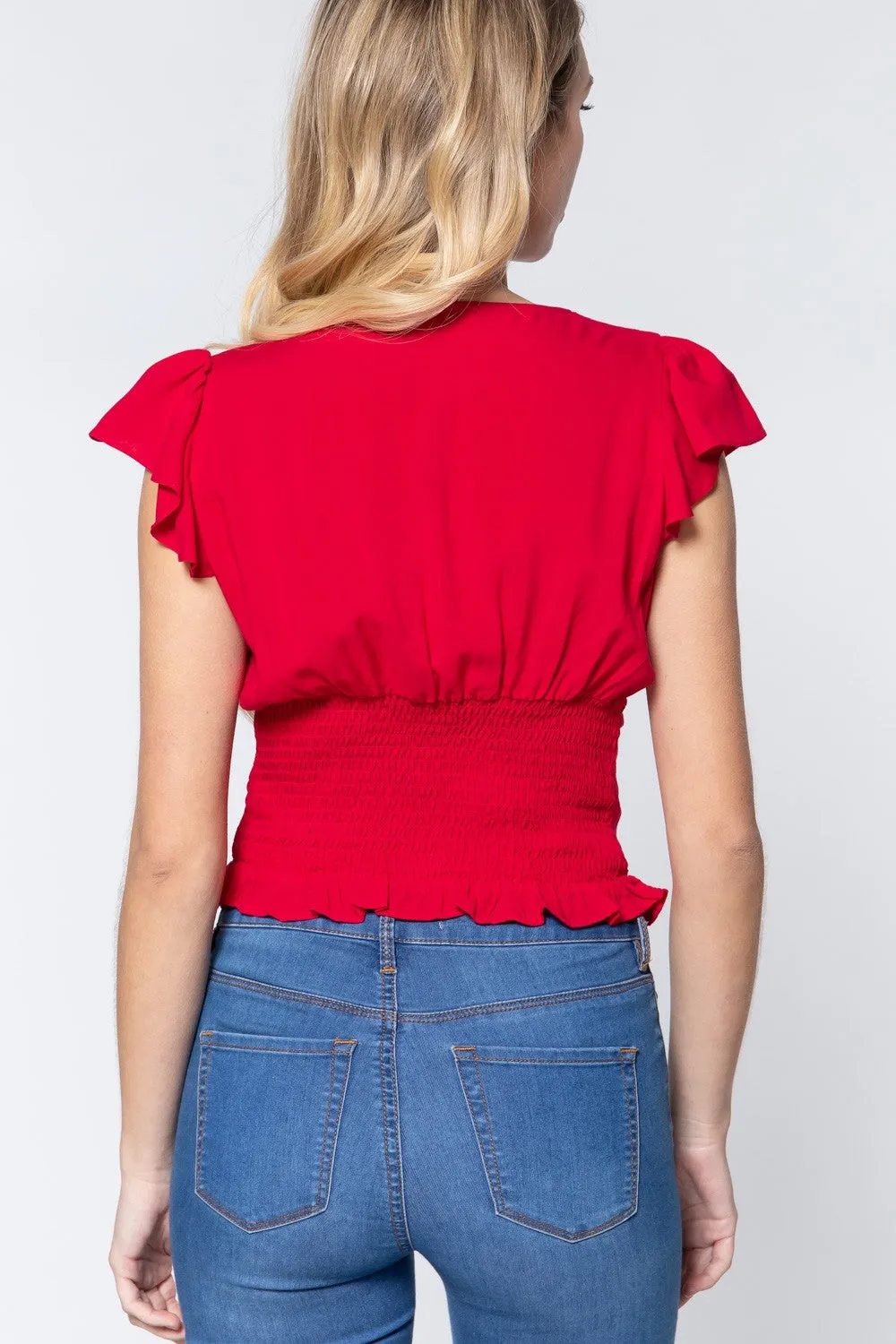 Ruffl Slv V-neck Smocking Woven Top