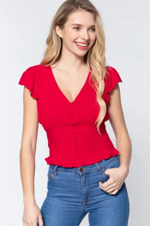 Ruffl Slv V-neck Smocking Woven Top