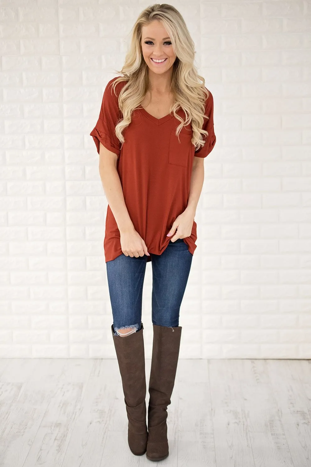 Rust V-Neck Pocket Tee