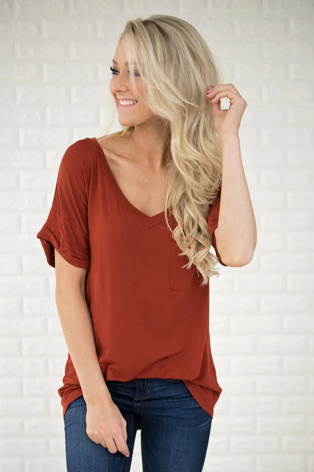 Rust V-Neck Pocket Tee