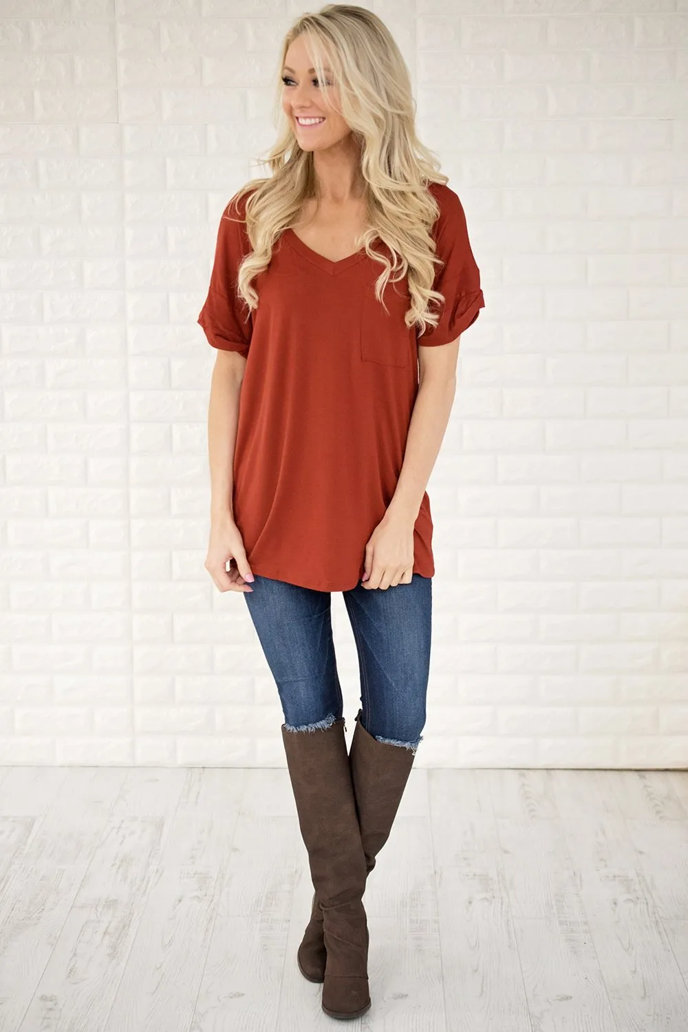 Rust V-Neck Pocket Tee