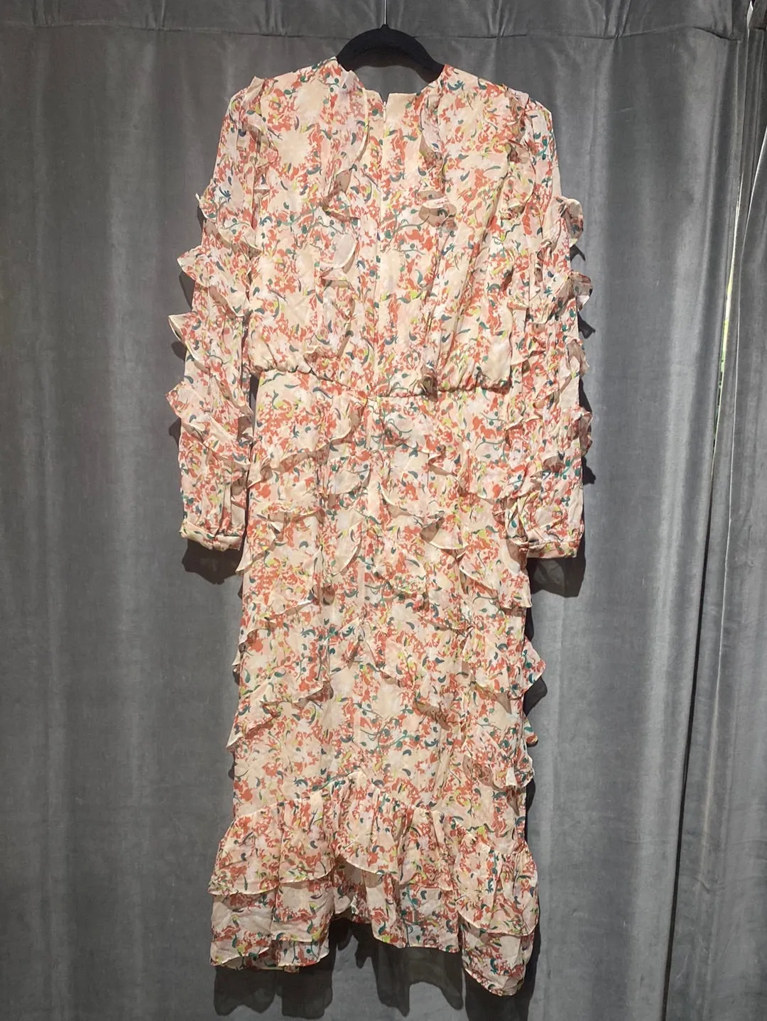 SALONI Beige and Green Crew Neck Long Sleeve Ruffle Maxi Dress