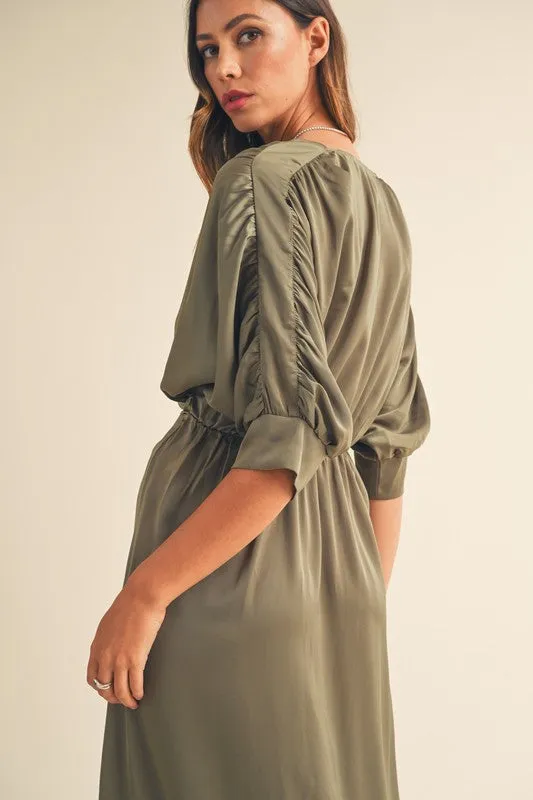SATIN SURPLICE DRAPED MIDI DRESS WITH FR
