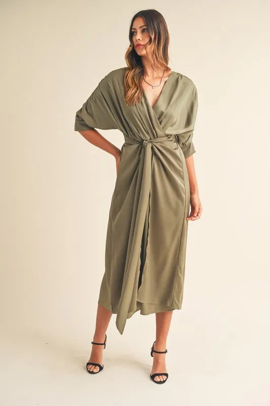 SATIN SURPLICE DRAPED MIDI DRESS WITH FR