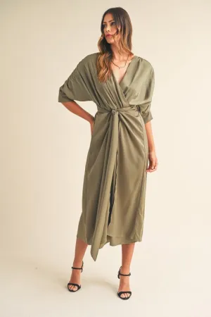 SATIN SURPLICE DRAPED MIDI DRESS WITH FR