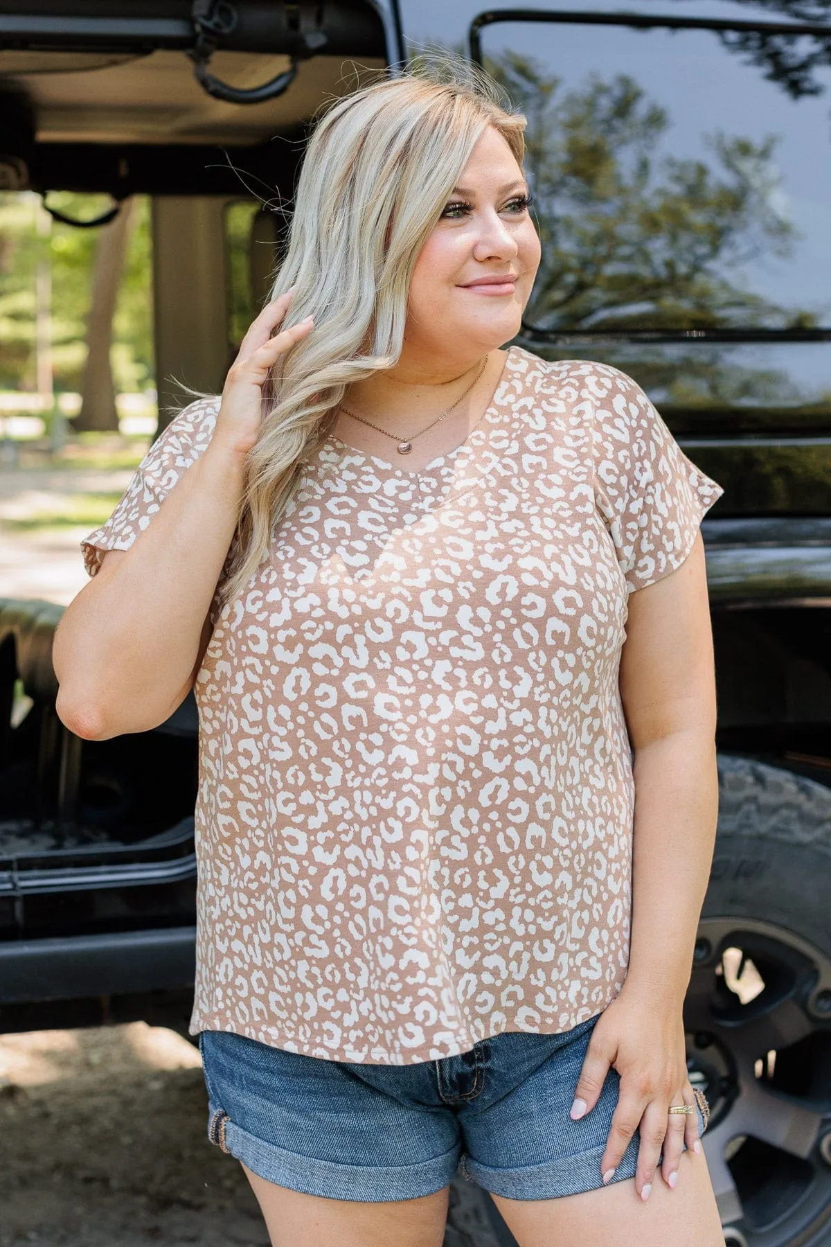 See My Wild Side V-Neck Leopard Top- Taupe