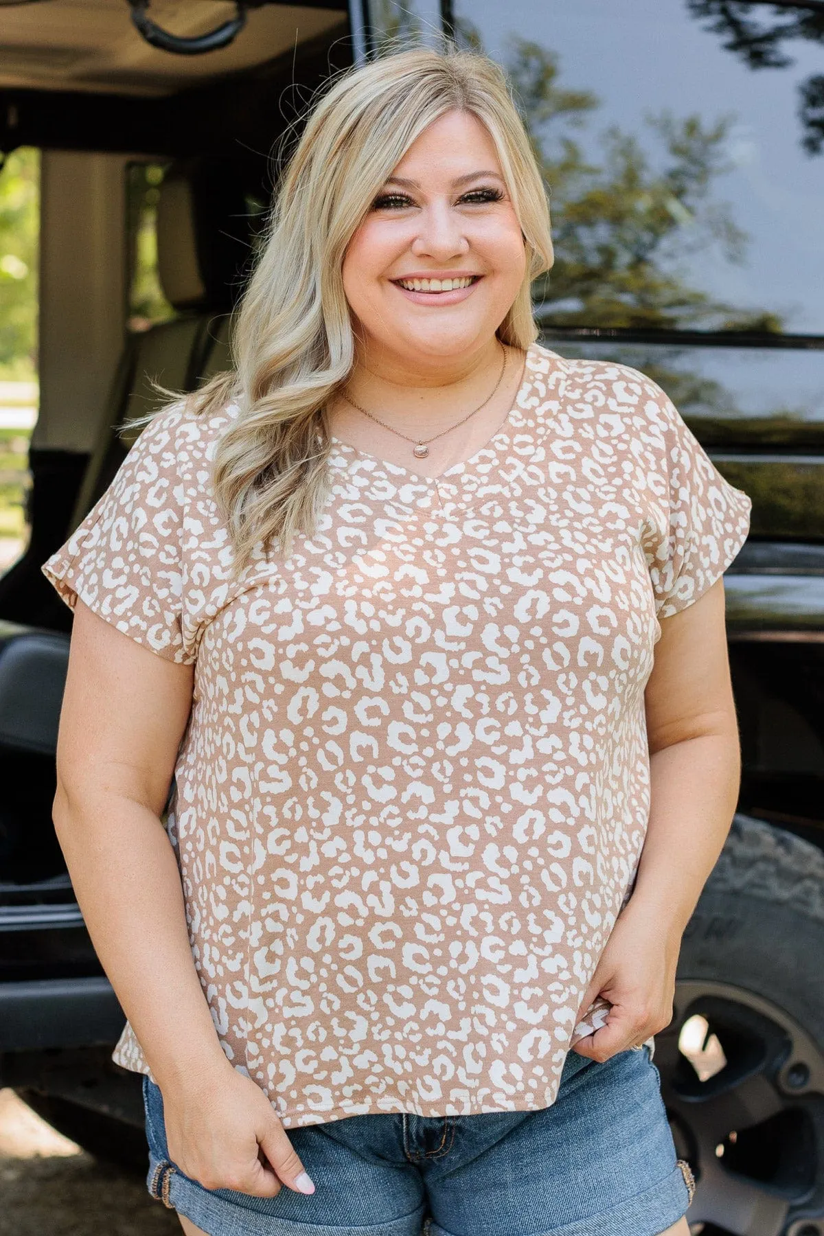See My Wild Side V-Neck Leopard Top- Taupe