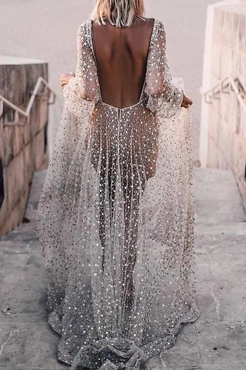 See Through Backless Maxi Dress