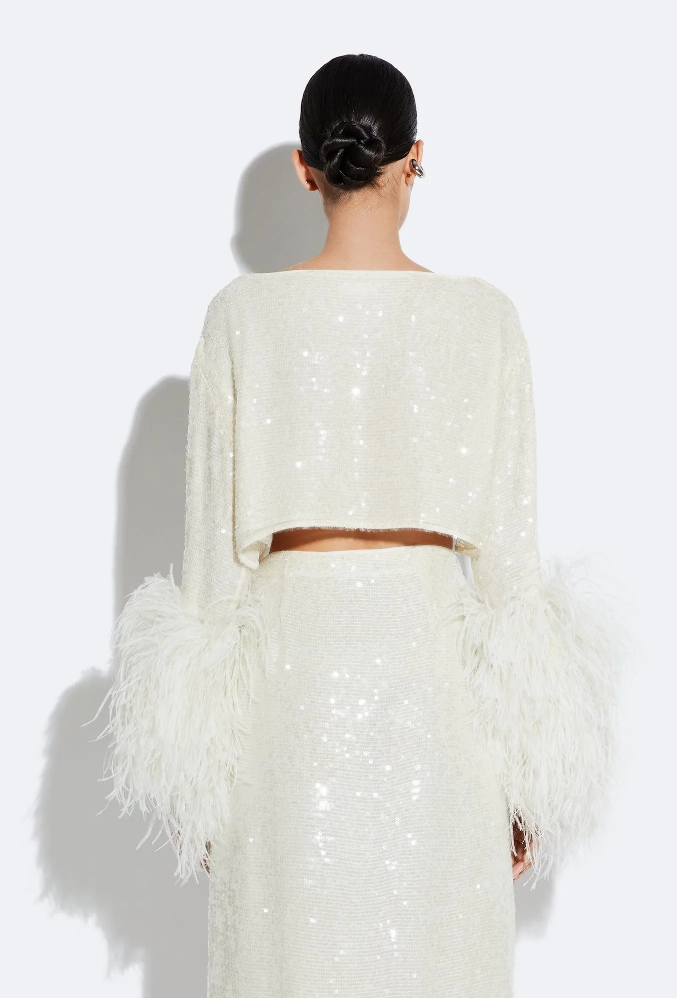 Sequin Cropped Top With Feathers