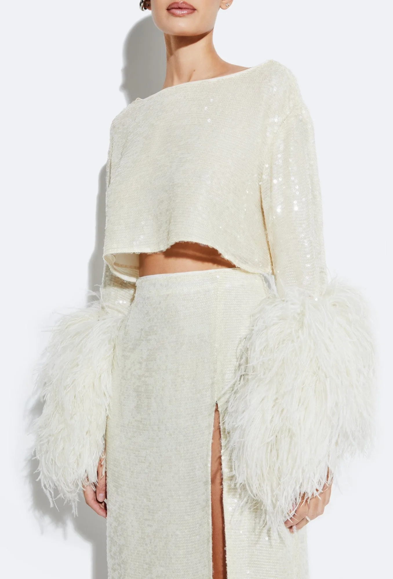 Sequin Cropped Top With Feathers