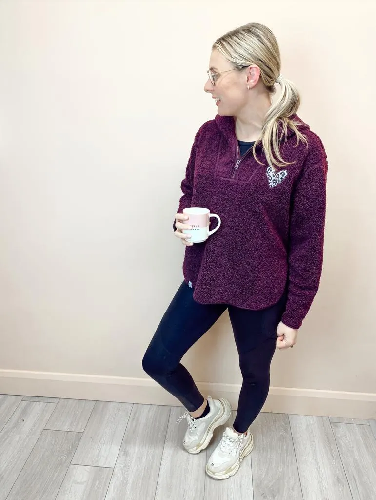 Sherpa 1/4 Zip Fleece with Hood and Leopard Print Heart