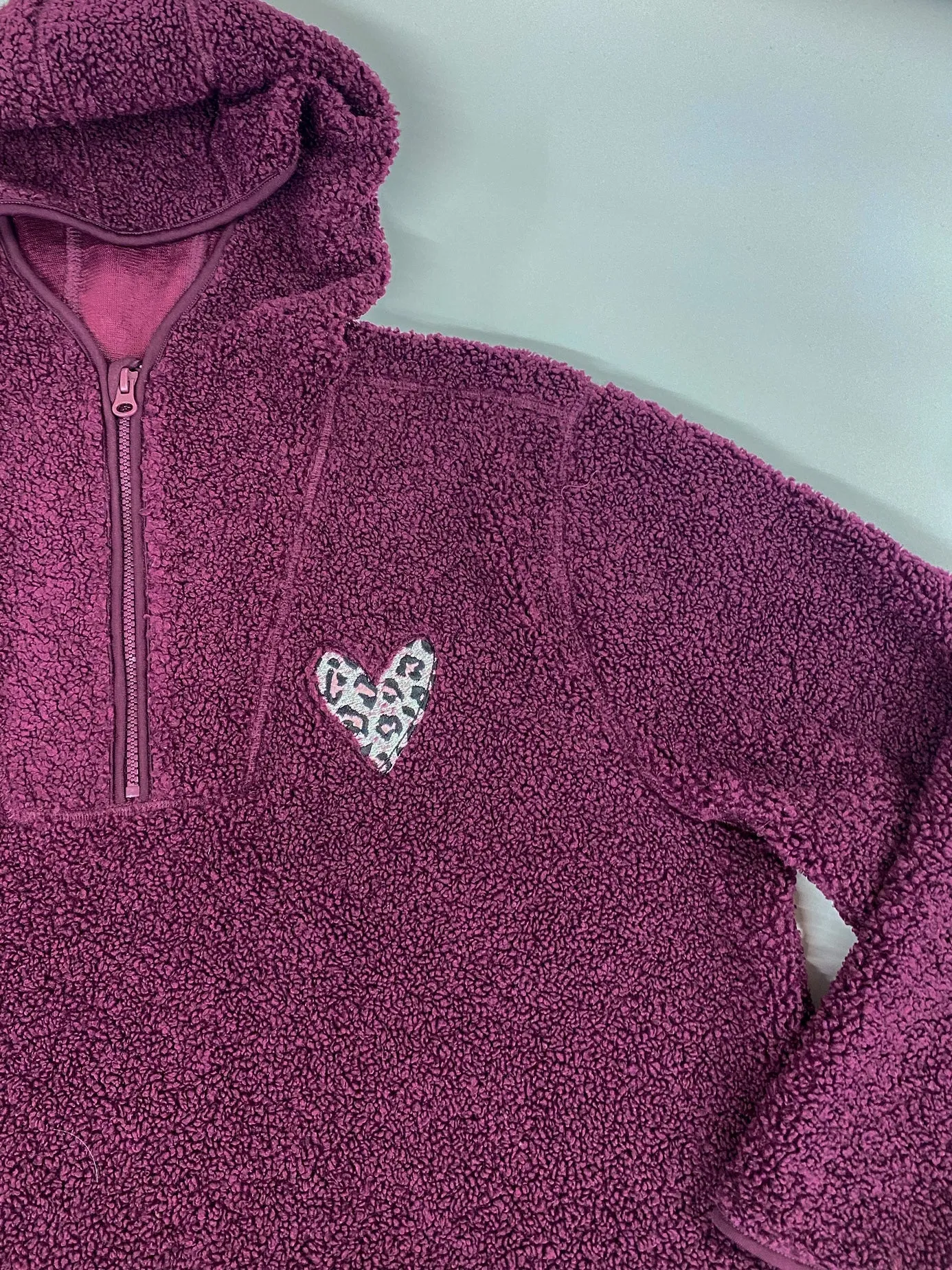 Sherpa 1/4 Zip Fleece with Hood and Leopard Print Heart
