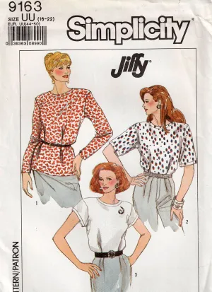 Simplicity 9163 Womens JIFFY Pullover Tops with Waist Tucks 1980s Vintage Sewing Pattern Size 16 - 22 UNCUT Factory Folded