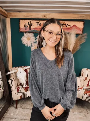 Slate Heathered Bubble Sleeve V Neck Top