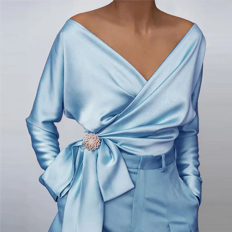 Solid Deep V-Neck Long Sleeve Knotted Top (Without Accessories)