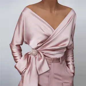 Solid Deep V-Neck Long Sleeve Knotted Top (Without Accessories)
