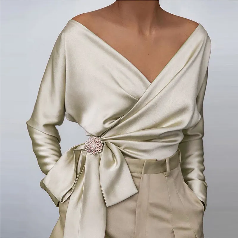 Solid Deep V-Neck Long Sleeve Knotted Top (Without Accessories)