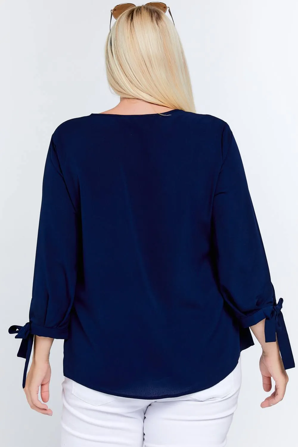 Solid V-neck 3/4 Sleeve Tie Accent Blouse Top