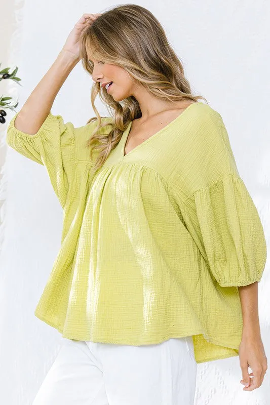 Solid V-neck Babydoll Top