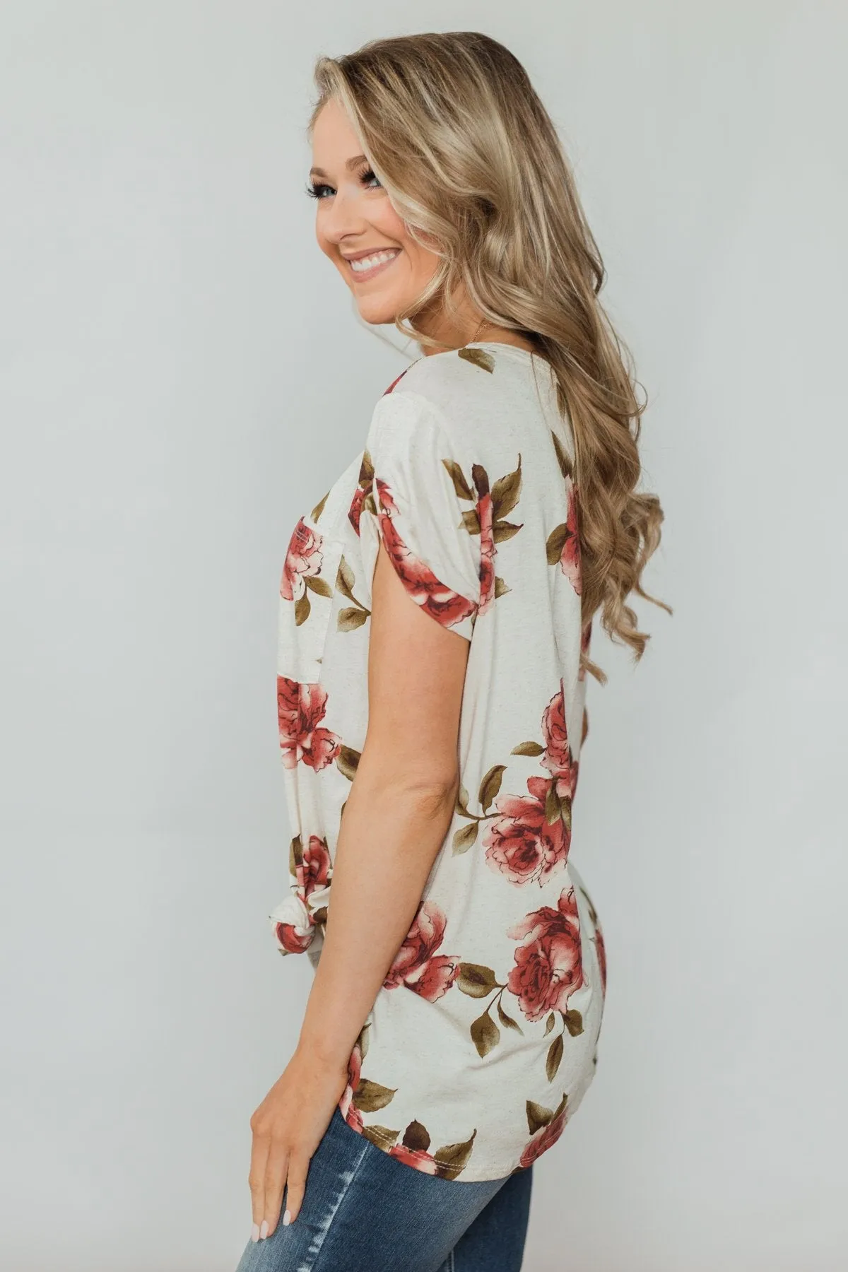 Spring Romance Floral V-Neck Pocket Top- Vanilla