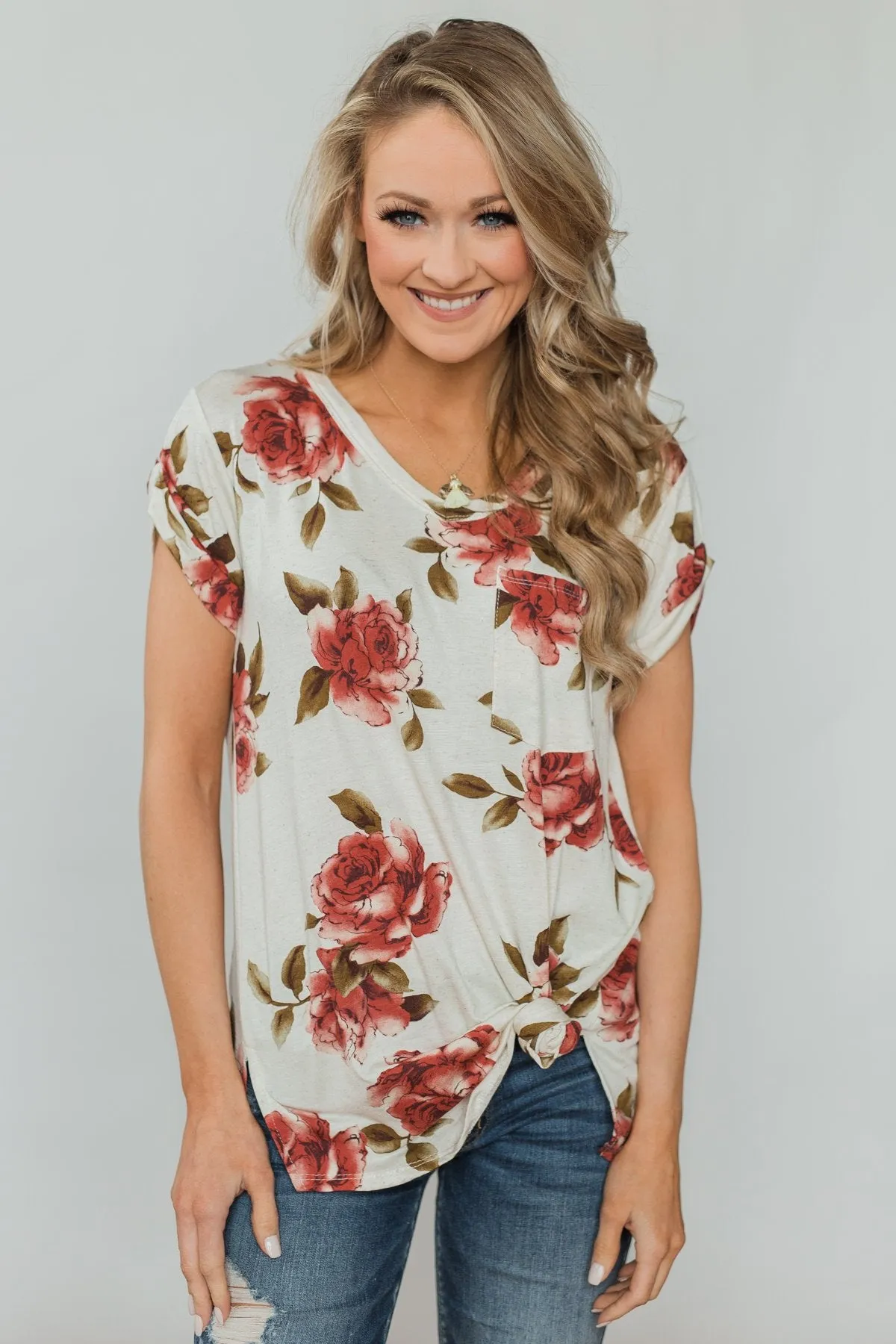 Spring Romance Floral V-Neck Pocket Top- Vanilla
