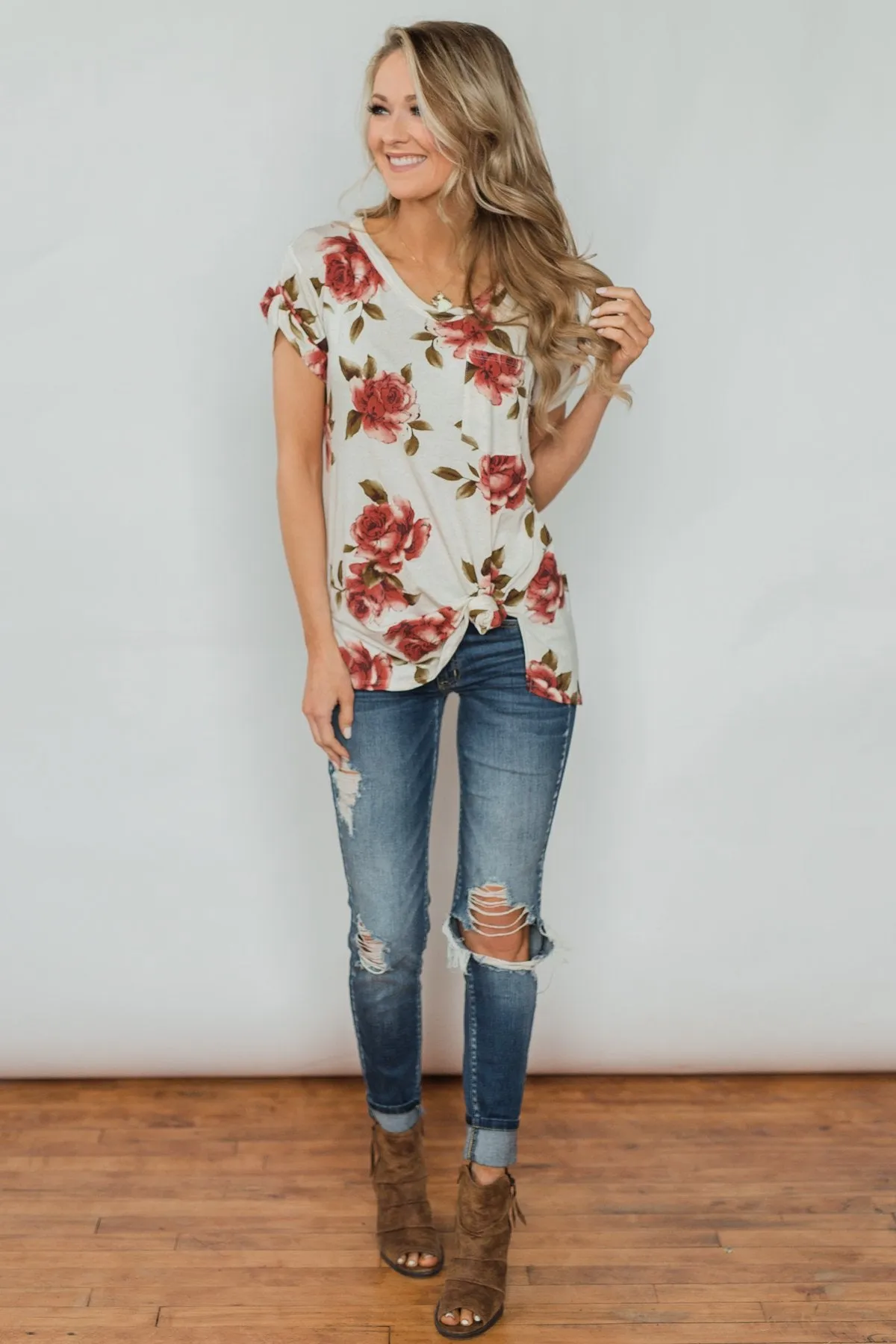 Spring Romance Floral V-Neck Pocket Top- Vanilla