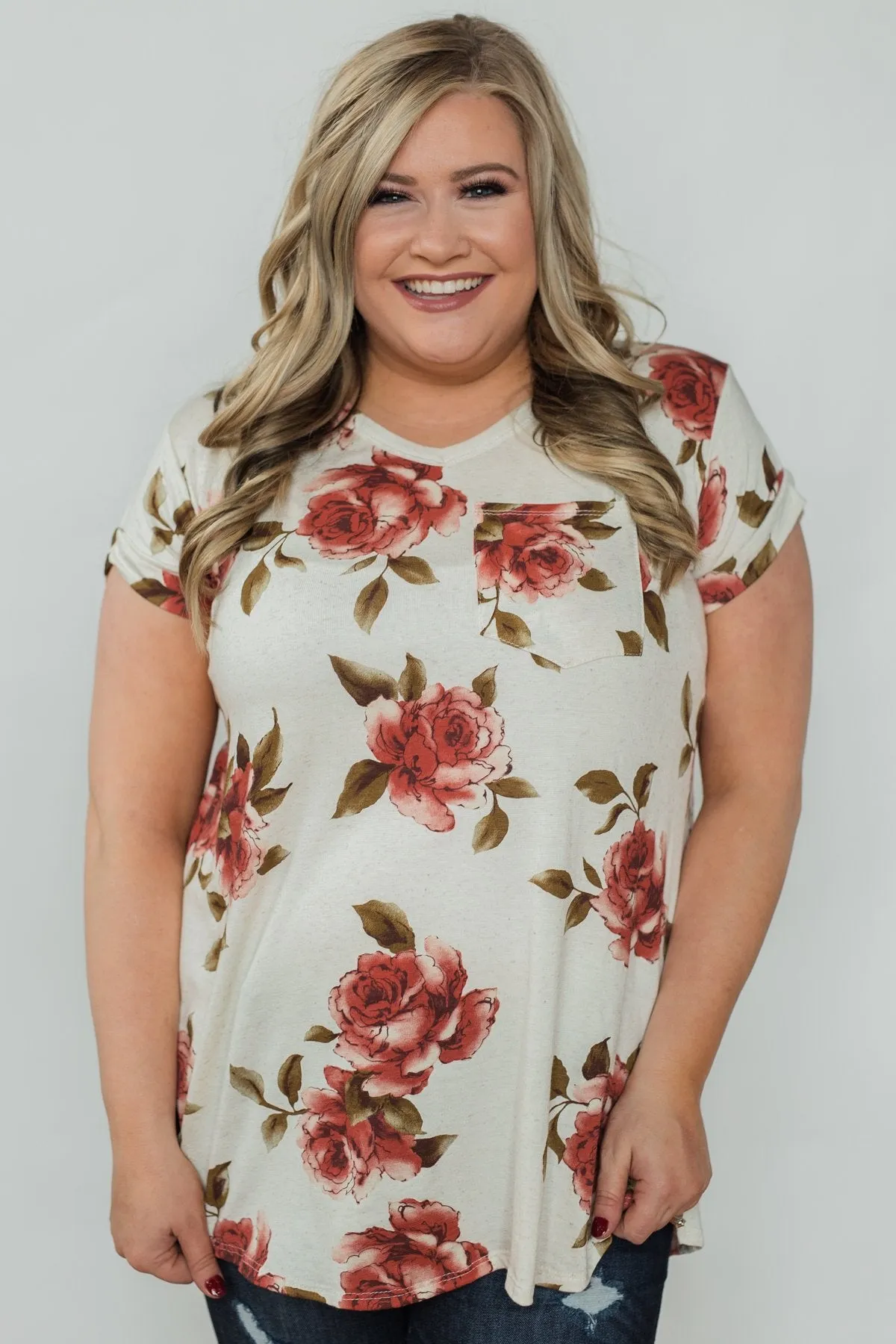 Spring Romance Floral V-Neck Pocket Top- Vanilla