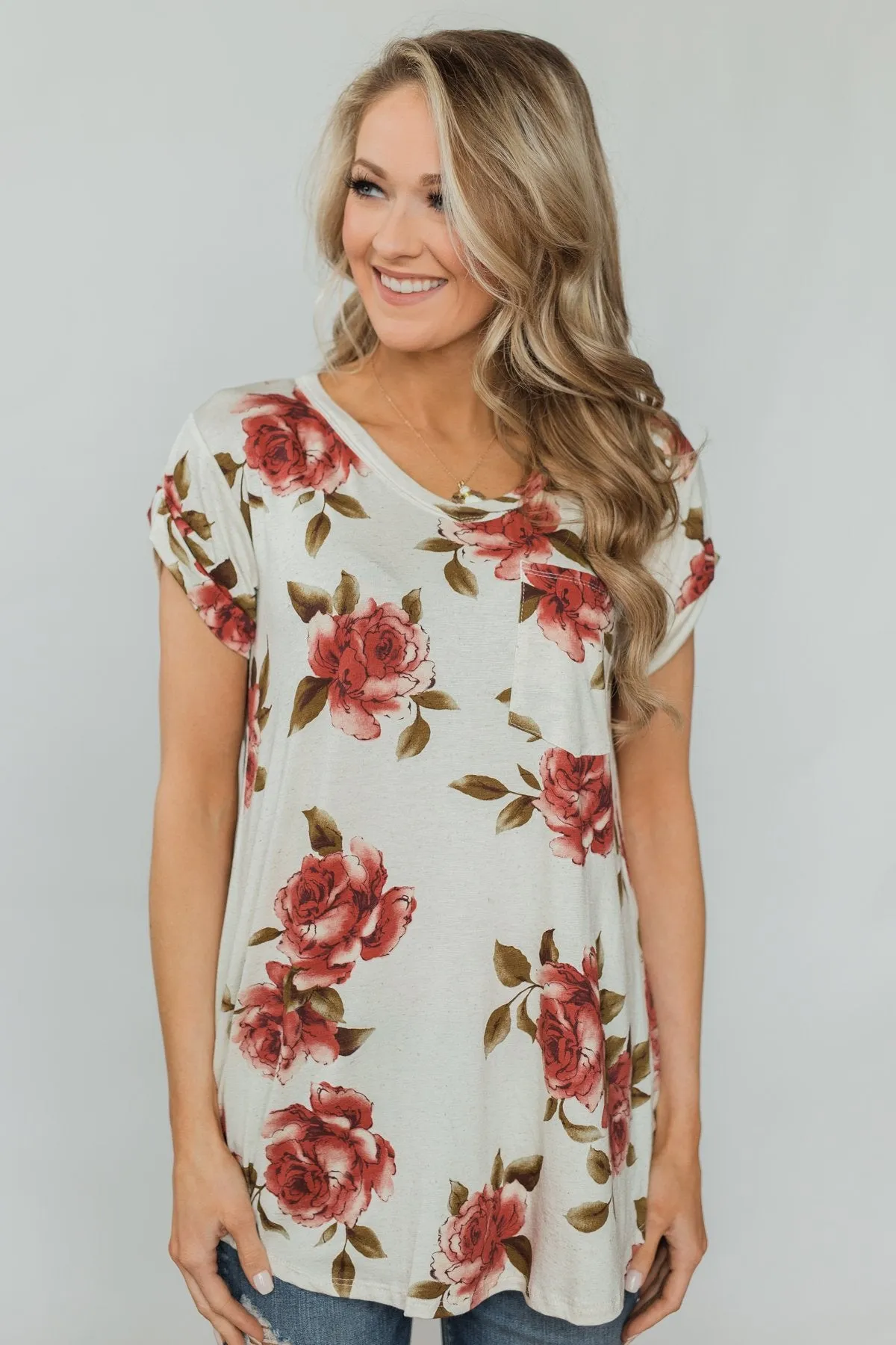 Spring Romance Floral V-Neck Pocket Top- Vanilla