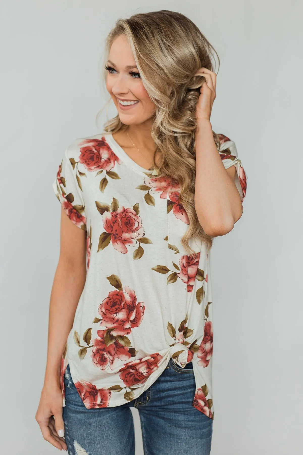 Spring Romance Floral V-Neck Pocket Top- Vanilla