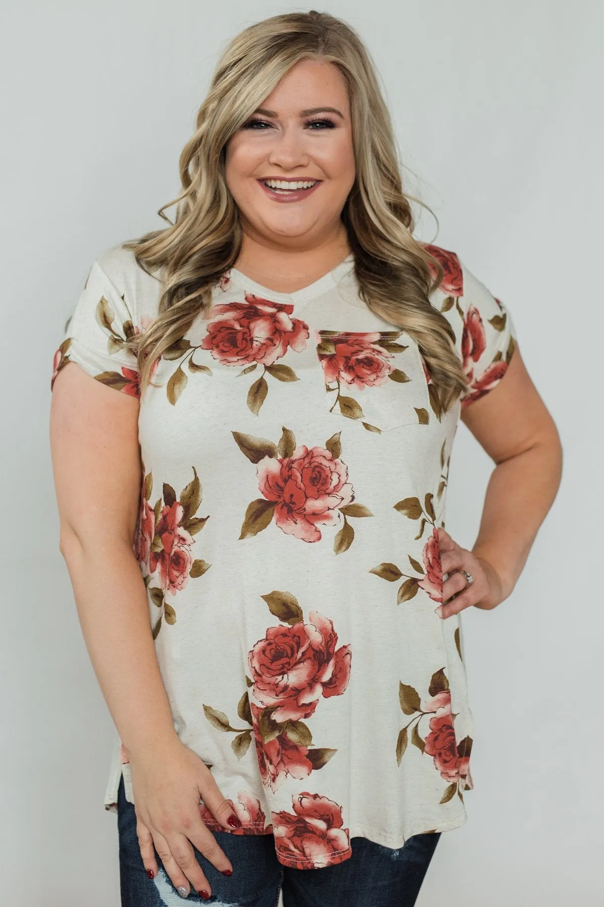 Spring Romance Floral V-Neck Pocket Top- Vanilla