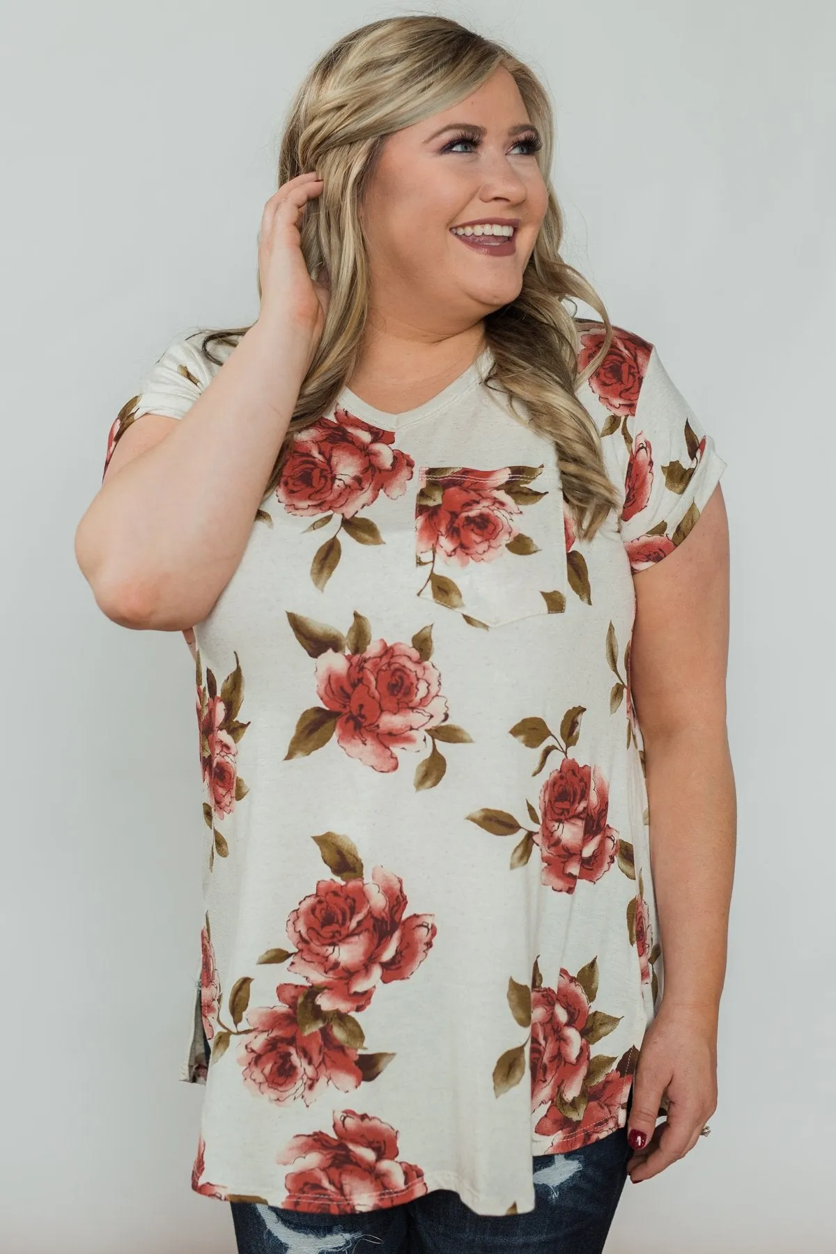 Spring Romance Floral V-Neck Pocket Top- Vanilla