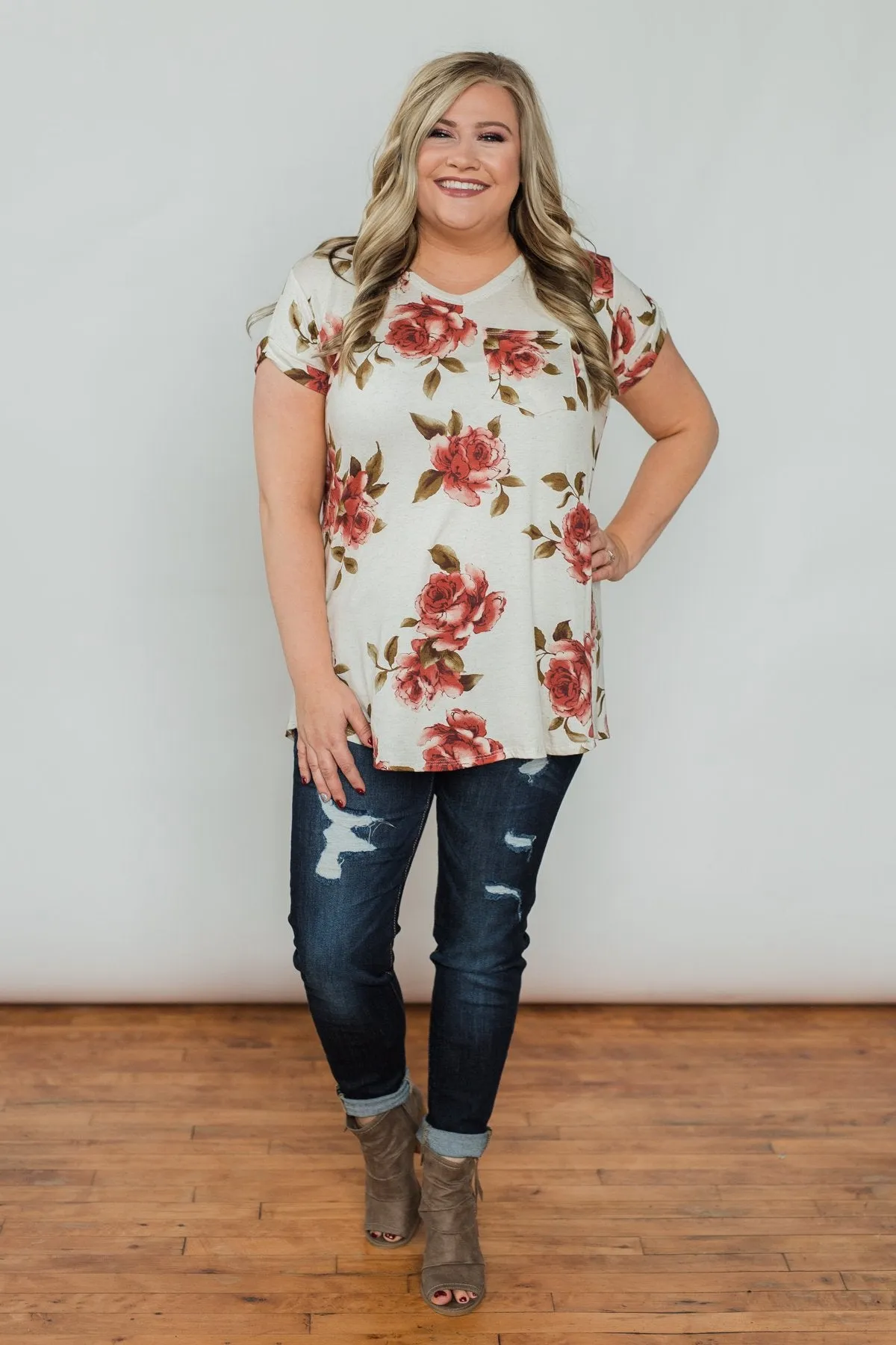 Spring Romance Floral V-Neck Pocket Top- Vanilla