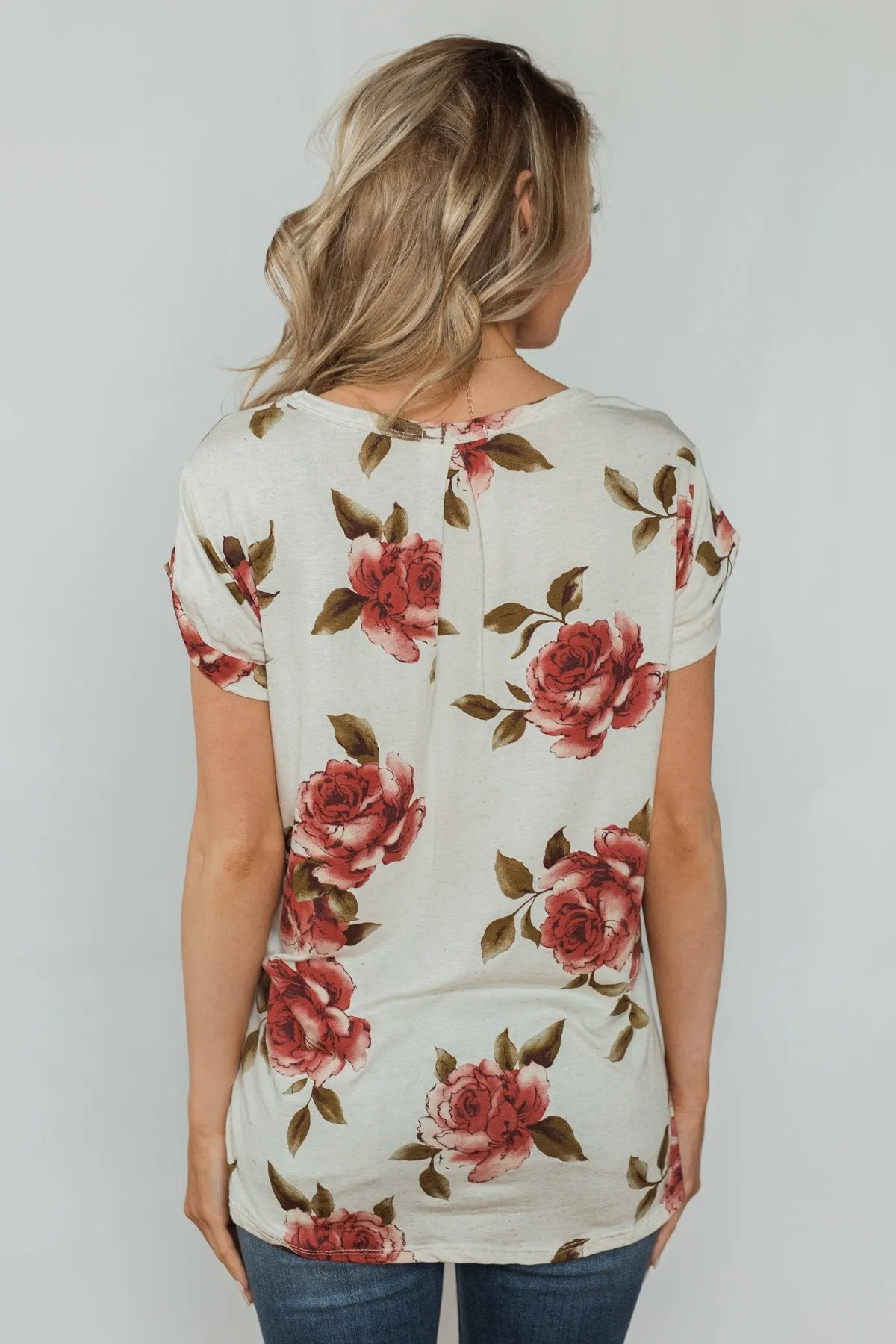 Spring Romance Floral V-Neck Pocket Top- Vanilla