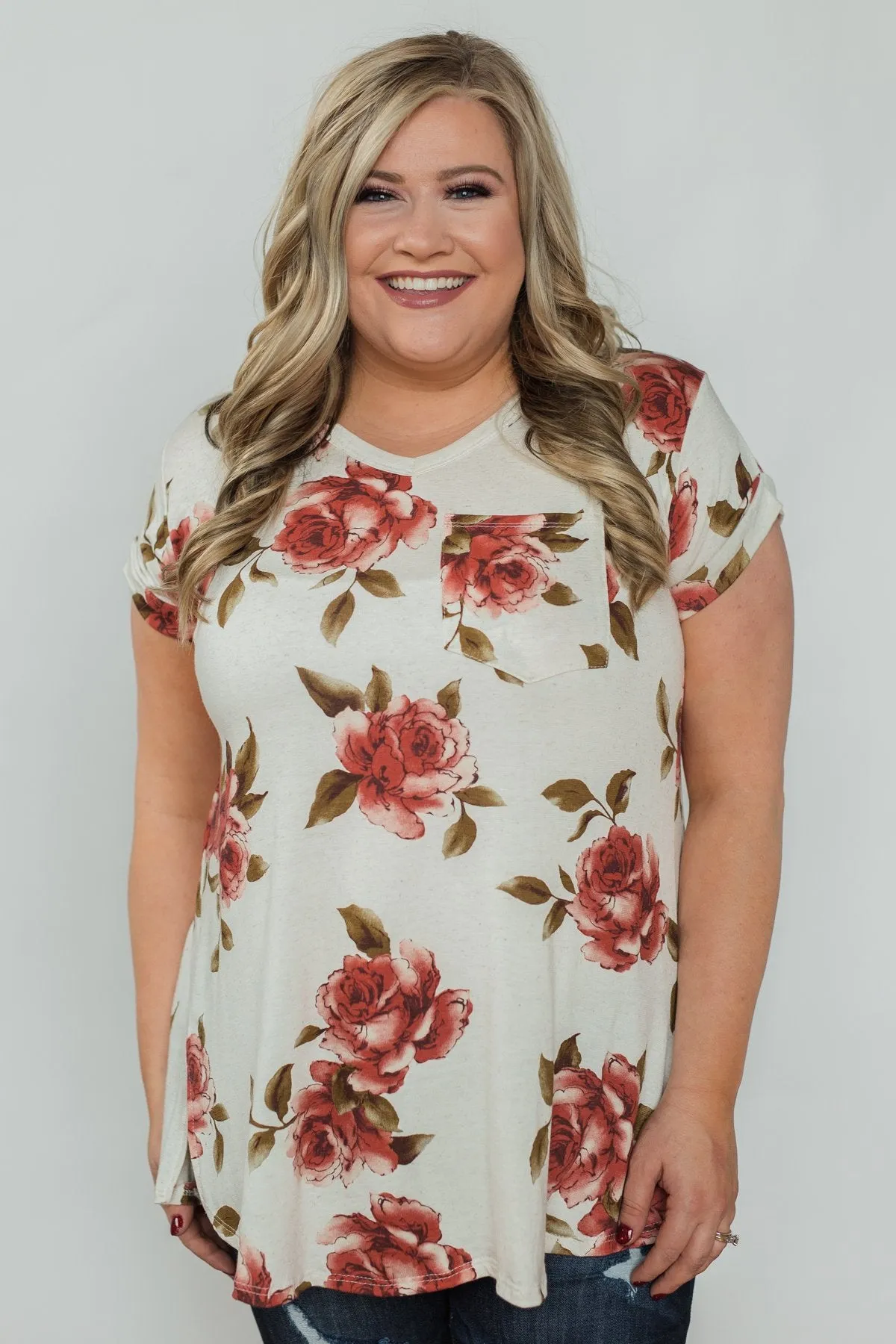 Spring Romance Floral V-Neck Pocket Top- Vanilla