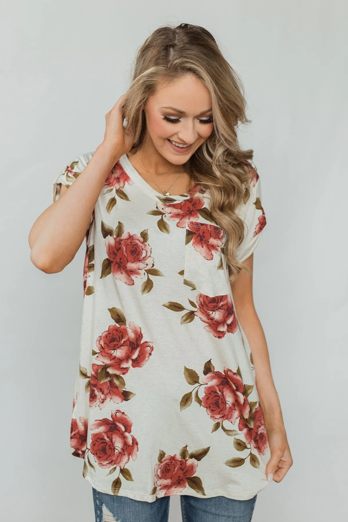 Spring Romance Floral V-Neck Pocket Top- Vanilla