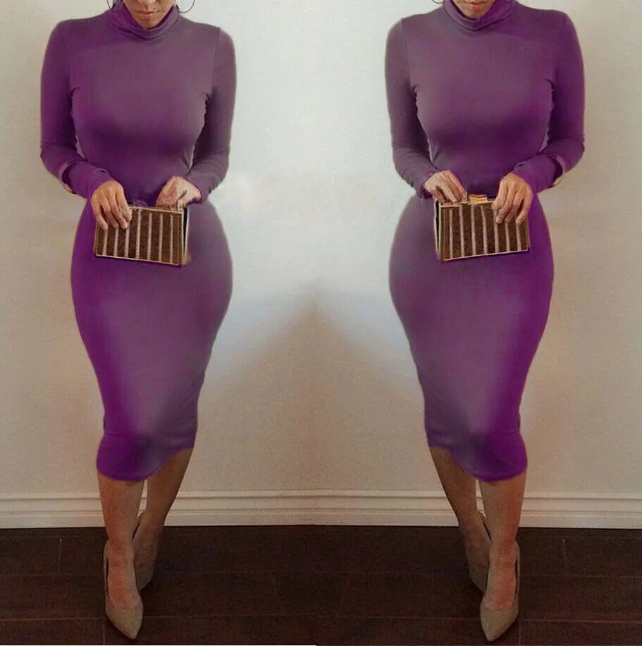 Spring, Summer, Autumn and Winter Long-sleeved Sexy Women's Nightclub Solid Color Dress