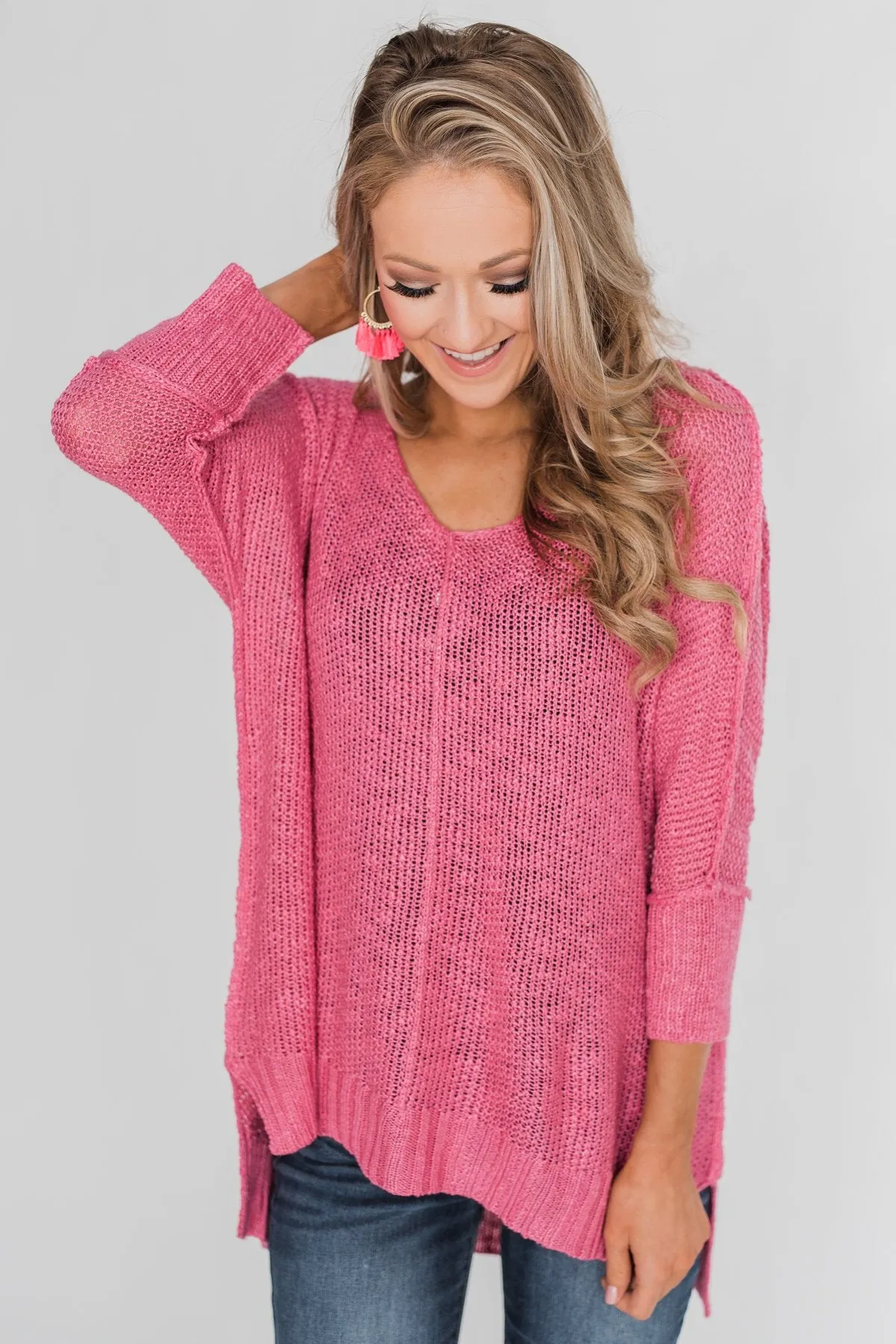 Stand Out Anywhere V-Neck Sweater - Hot Pink
