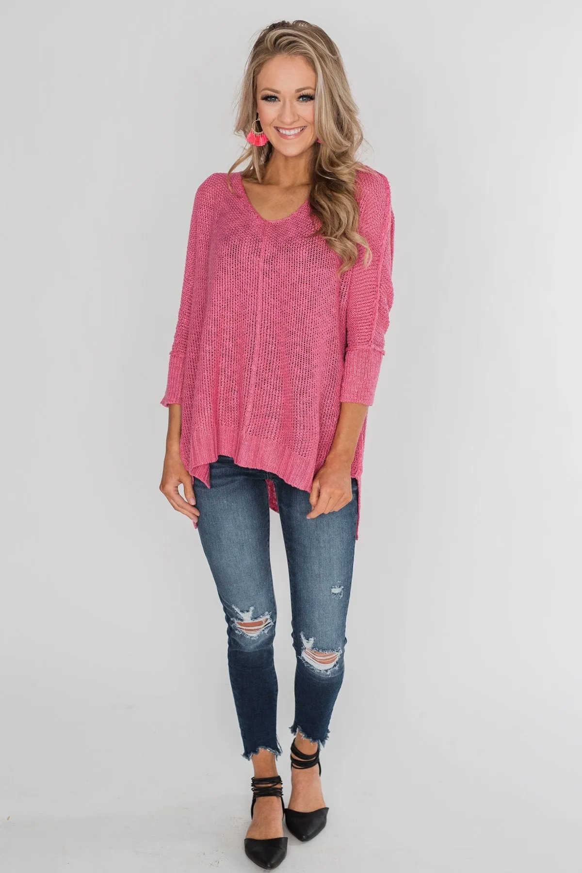 Stand Out Anywhere V-Neck Sweater - Hot Pink