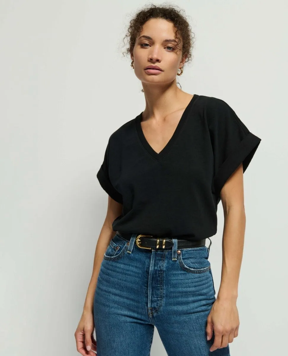 Stevie Cuffed V-Neck Top Jet Black