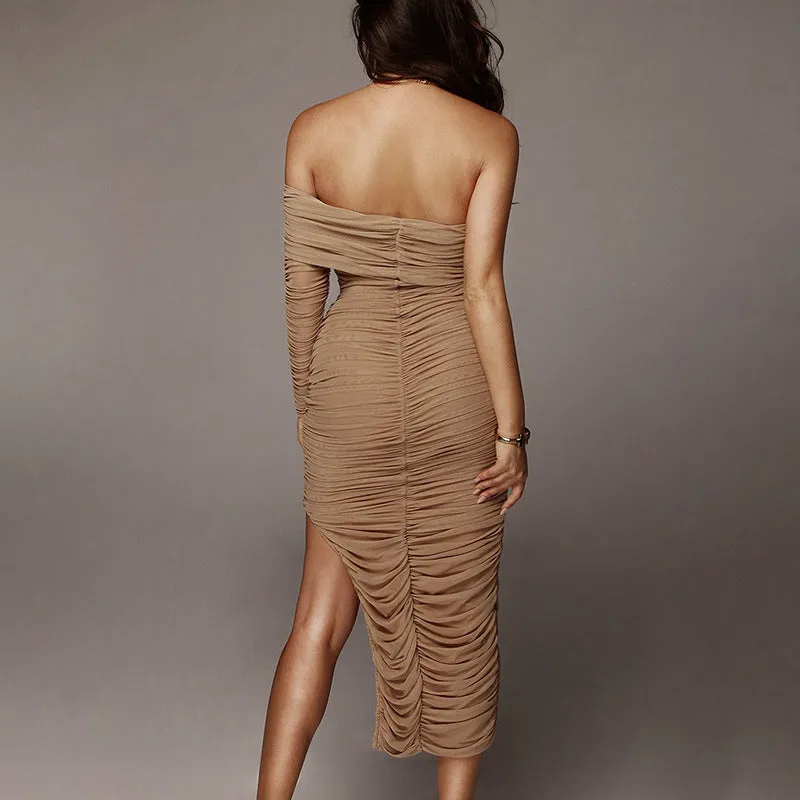 Summer New Mesh Single-sleeve Oblique Shoulder Split Skirt Pleated Dress