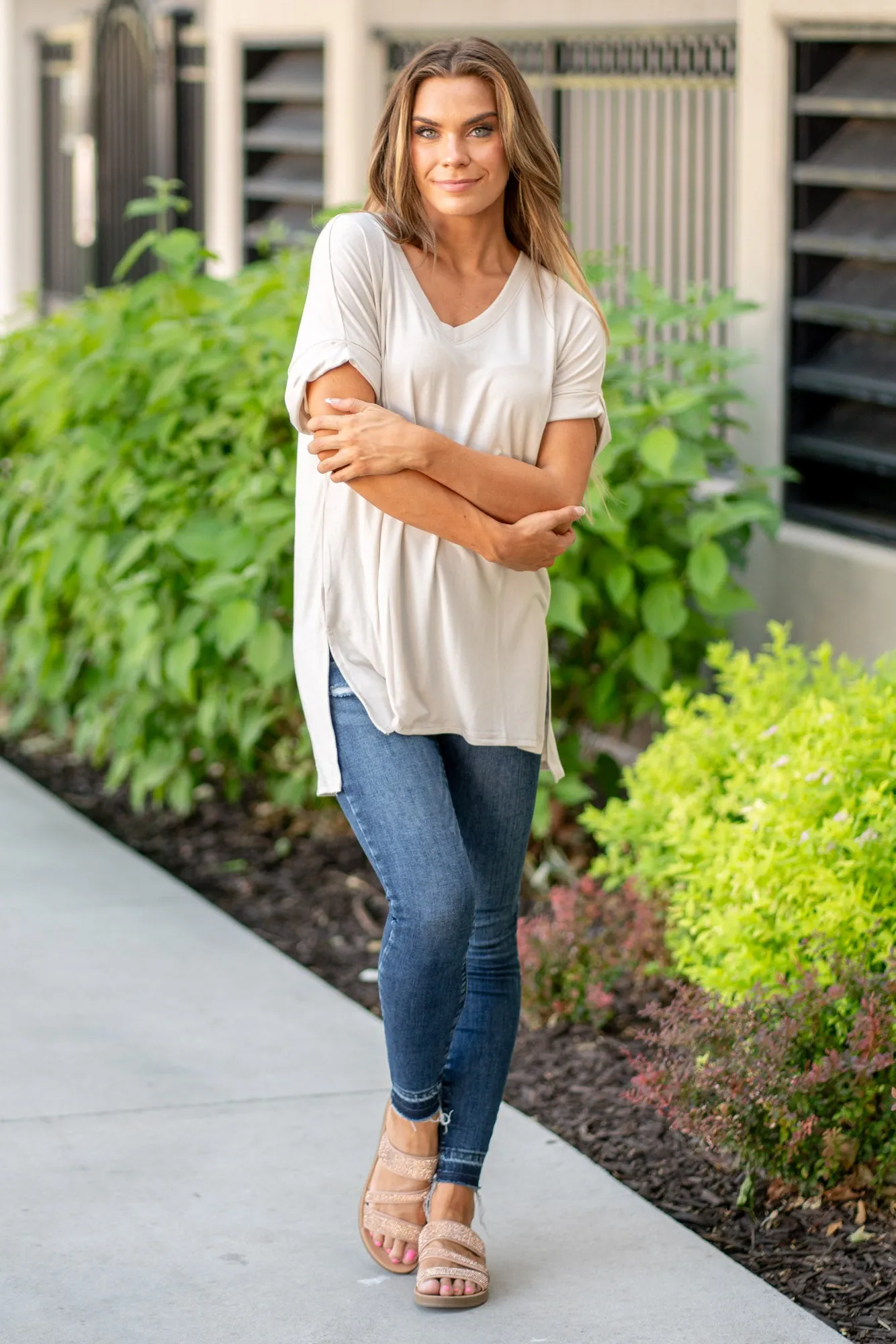 Super Soft Tee High Low Hem V Neck Top - Sand Beige
