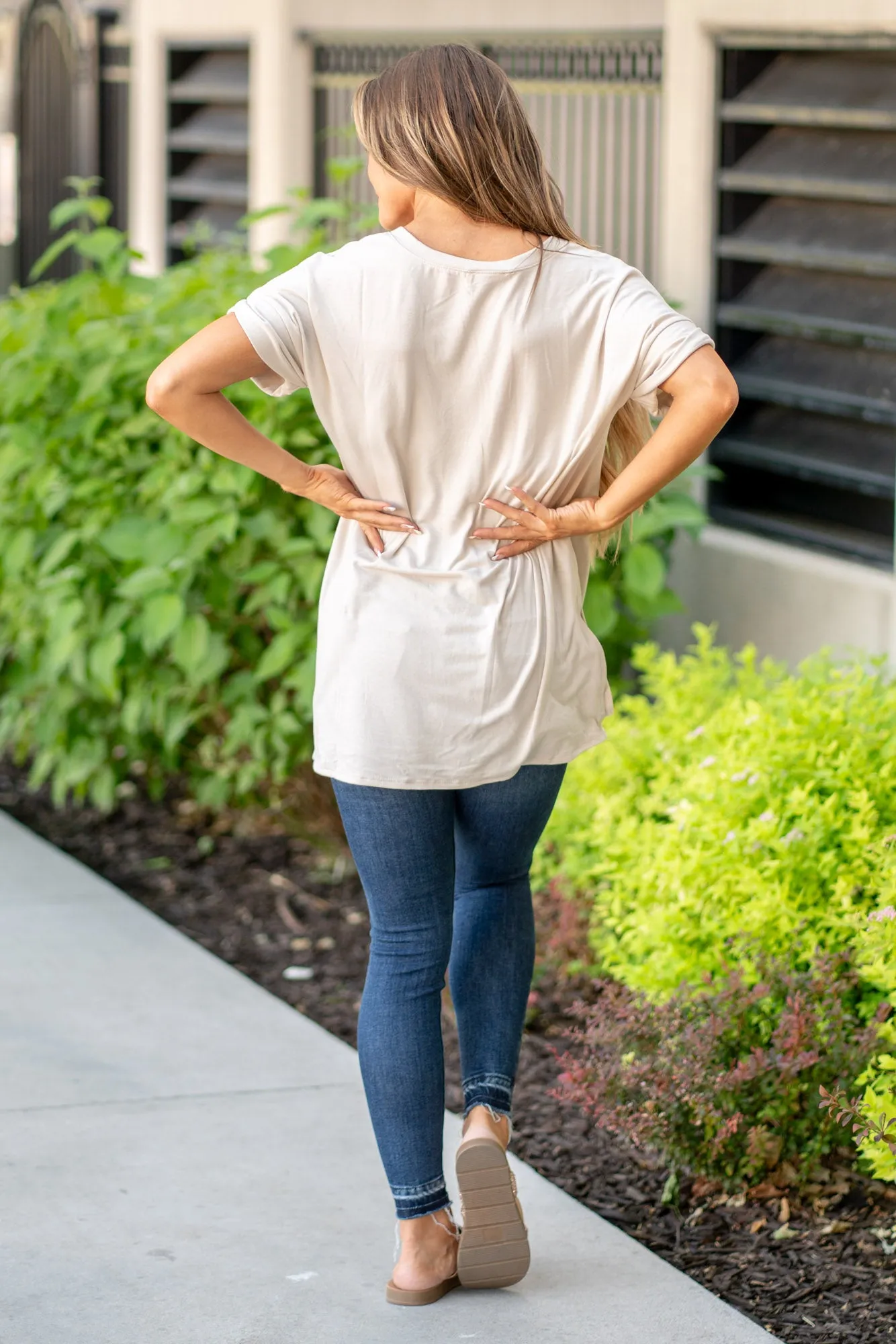 Super Soft Tee High Low Hem V Neck Top - Sand Beige