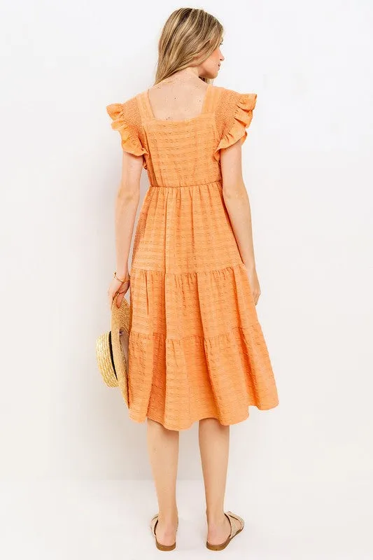 Textured Tiered Ruffle Sleeve Midi Dress