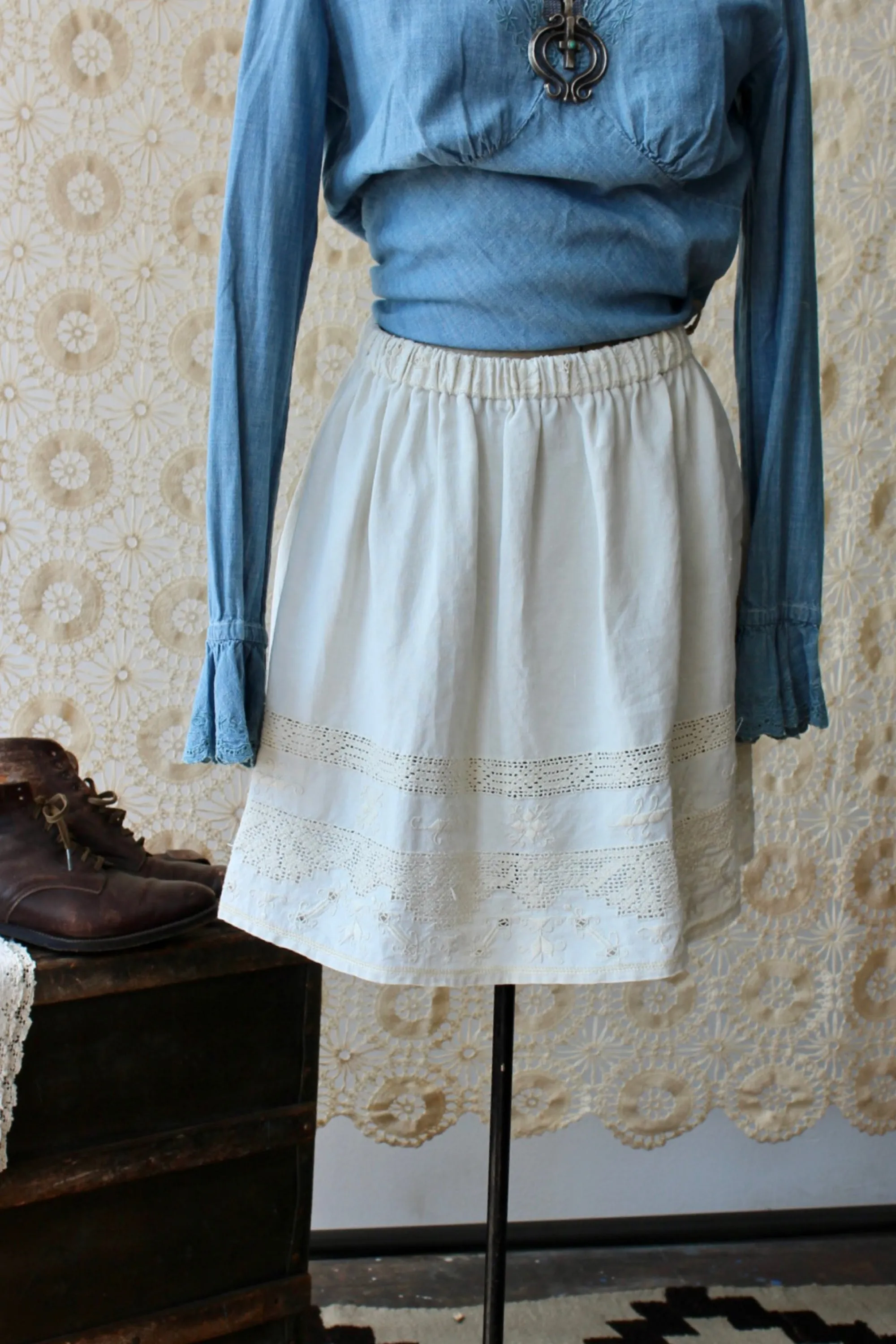 The Highlands Foundry Heirloom Midi Linen Embroidered Skirt THF97