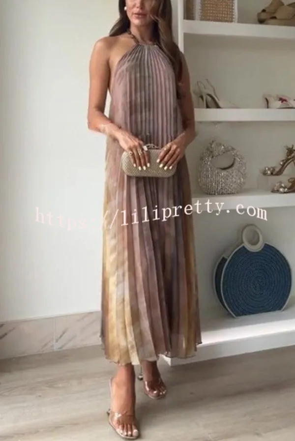 Tie-dye Printed Halter Neck Pleated Backless Midi Dress